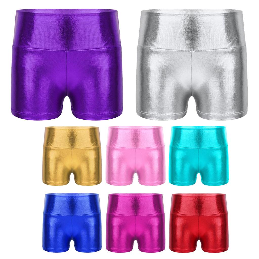 Kids Girls Metallic Shiny Gymnastic Dance Shorts Sports Bottoms Ballet Activewear Shorts