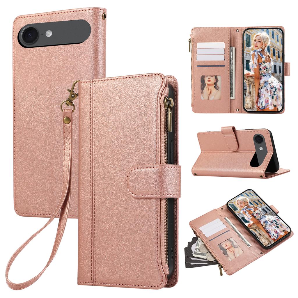 For iPhone 17 Air Case Multi Card Slots Zipper Leather Phone Cover with Wrist Strap