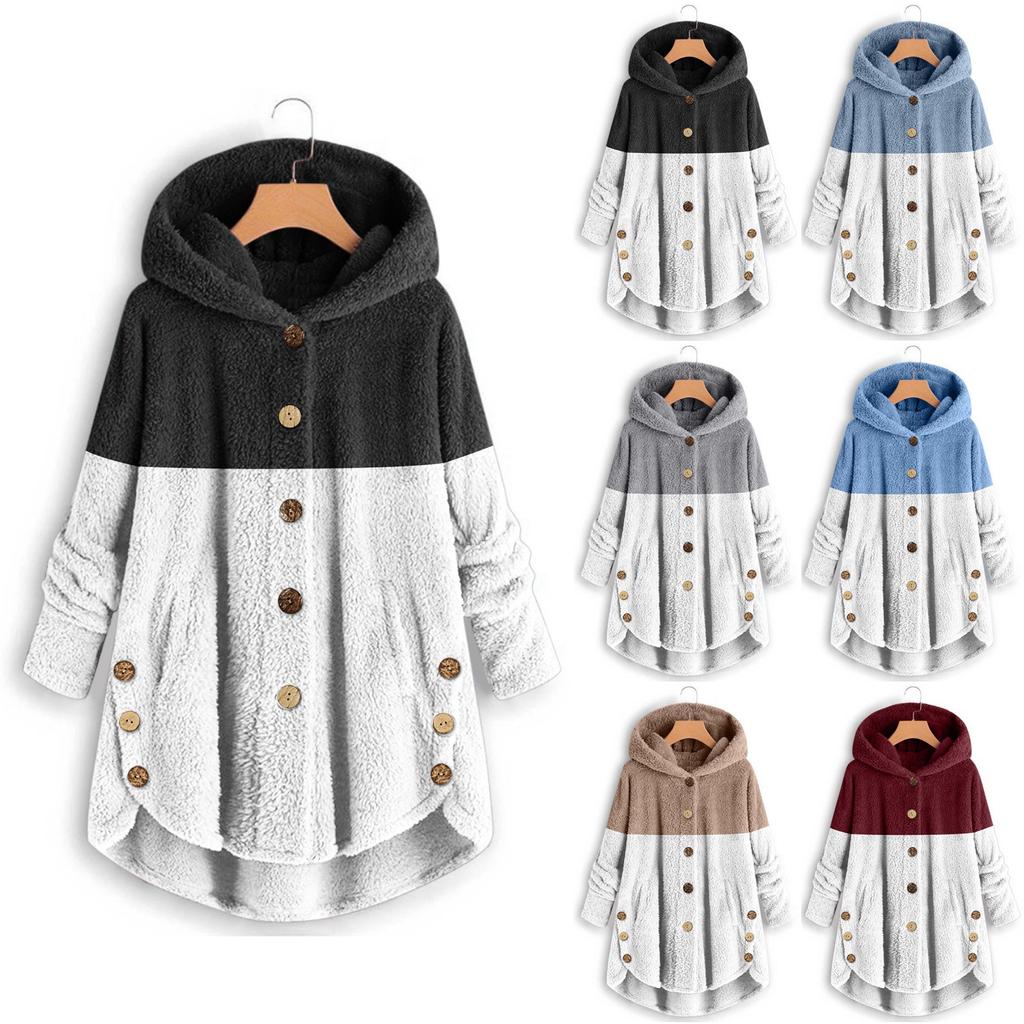 Women's Fashion Stitching Loose Hoodies Long Sleeve Plush Button Coat