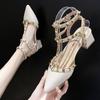Fashion Sandals for Women Rivet Summer 2024 Pointed Toe Ladies Shoes with Medium Heels Square Footwear H Sandal New Breathable Fashion F