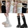 Elegant Knitted Stretch Leg Warmers Boot Cuffs Sweet Bows Ruffled Lace Trim Patchwork Leg Covers Calf Socks for Women  Pink vertical strips