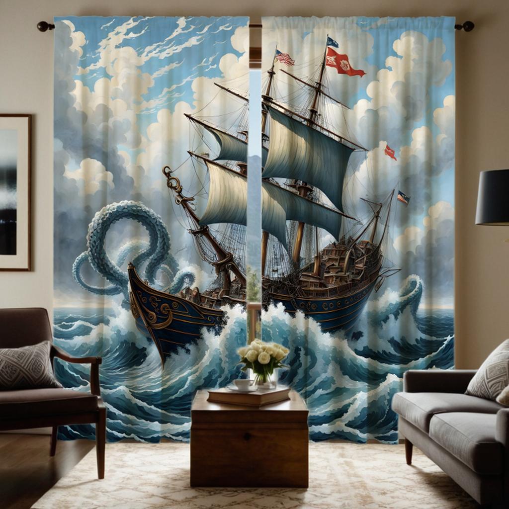 2 Pieces of High Definition Sea Sailboat Decorative Curtain Blue Tie Digital Printed Curtain Home Decoration Style Decoration Li
