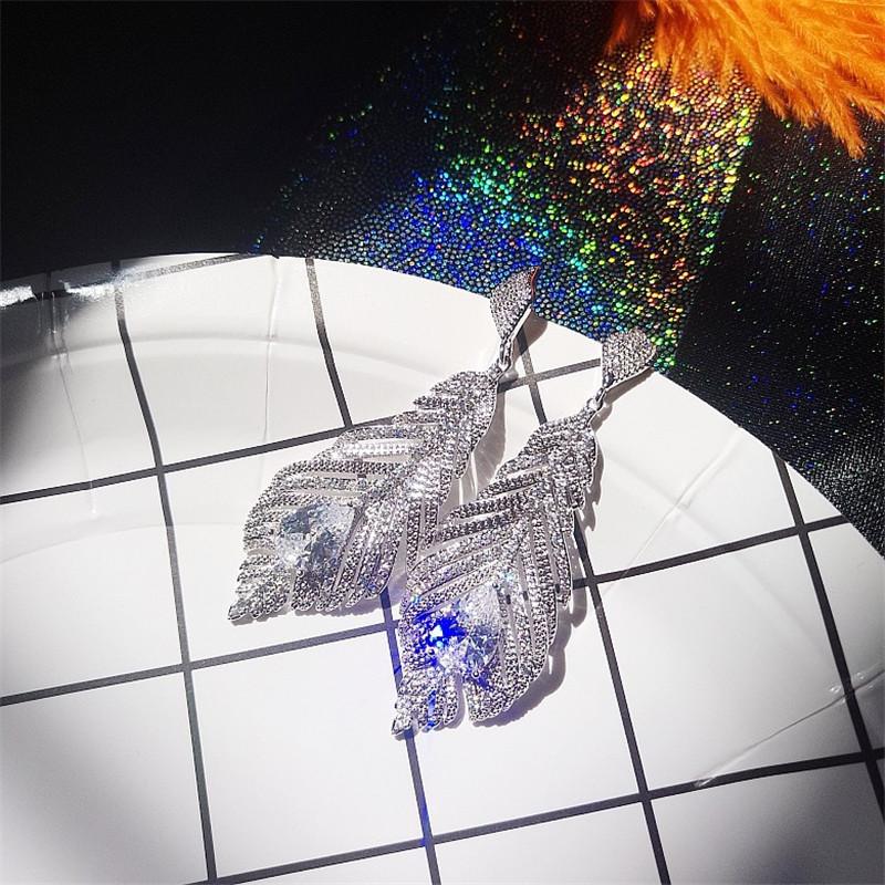 Micro Pave Cubic Zirconia Leaf Pendant Earrings Silver Needle White Feather Earring Water Drop Dangle Jewelry Fashion Eardrop