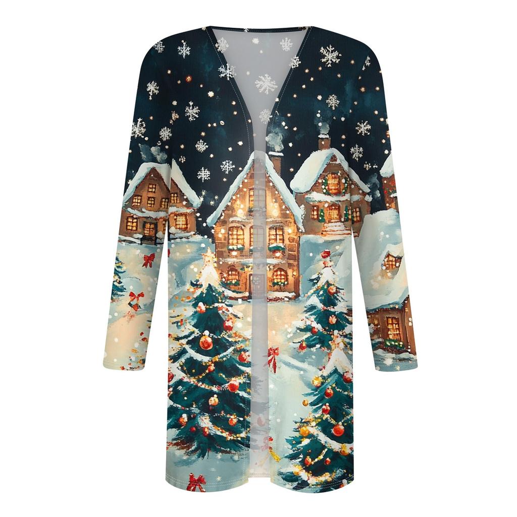 Женская мода повседневная куртка-кардиган средней длины с принтом рождественской елки