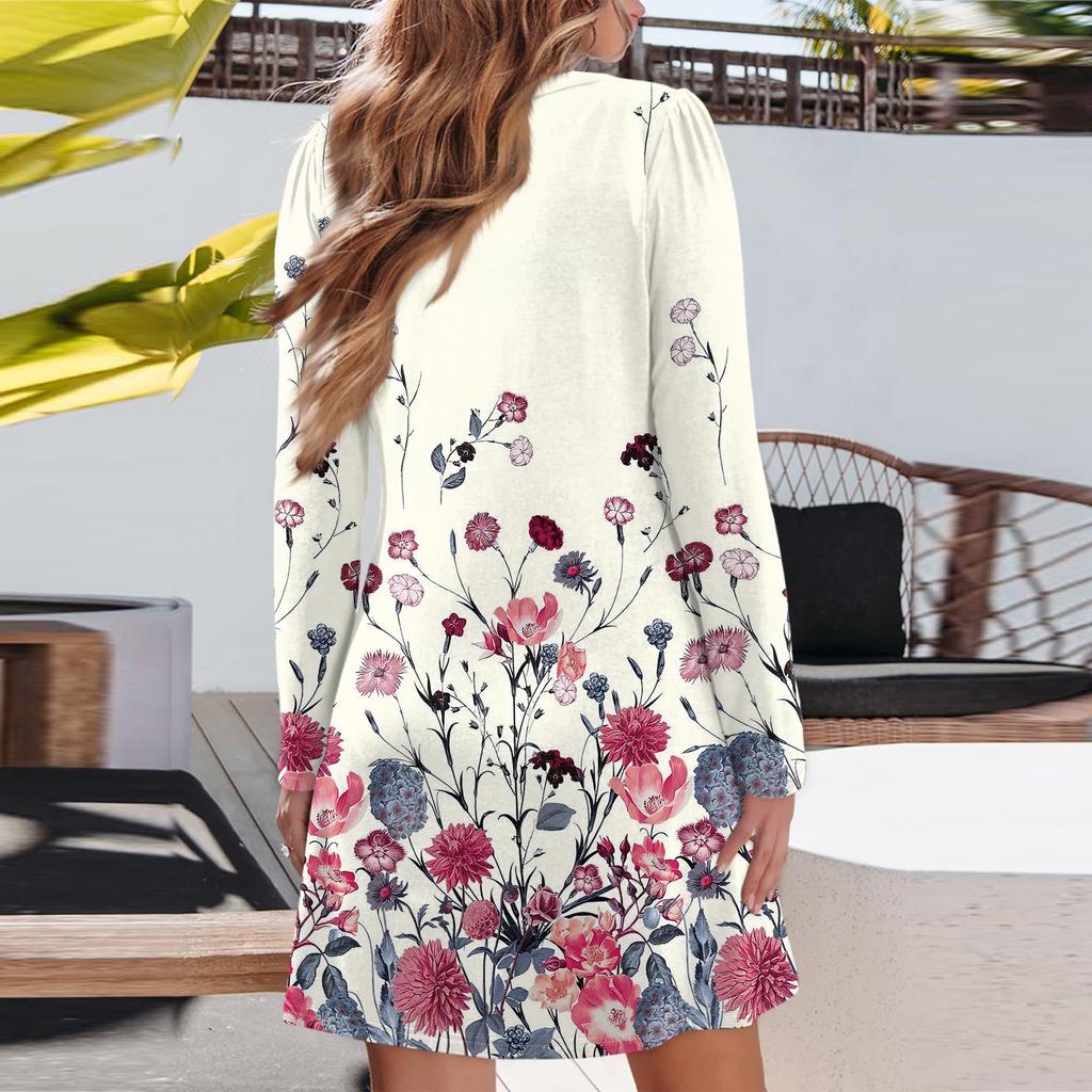 Women's Fashion Floral Print V-Neck Long Sleeve  Dress