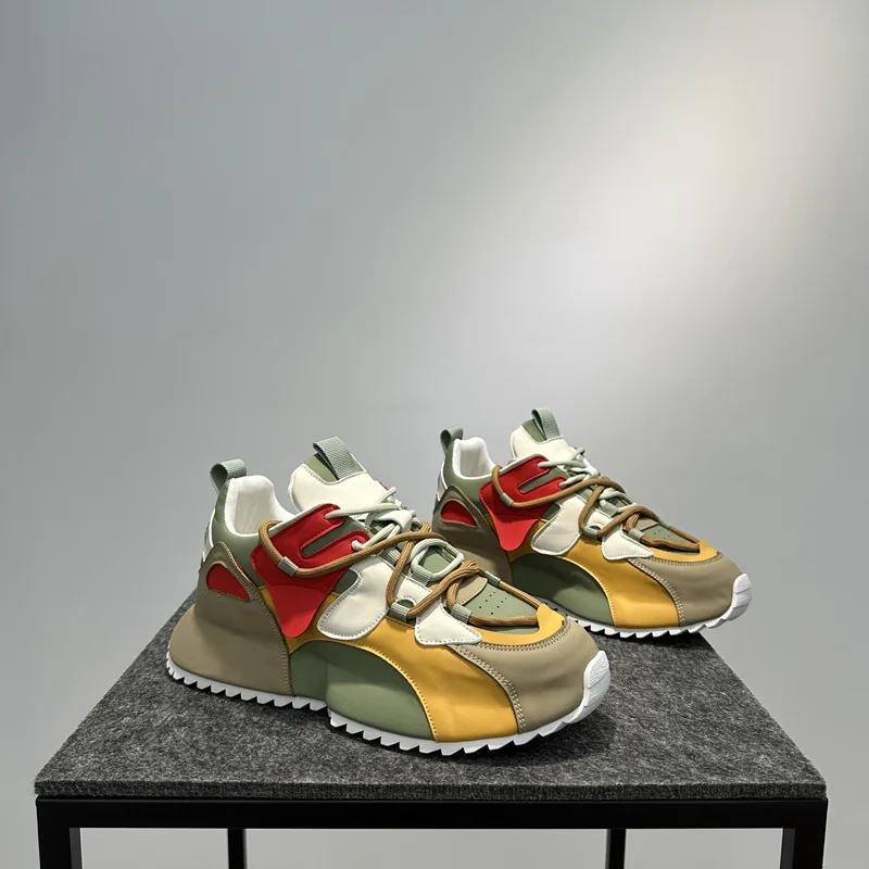 Модные дизайнерские массивные кроссовки с цветными блоками для мужчин, модные повседневные кожаные дышащие туфли на увеличенной платформе