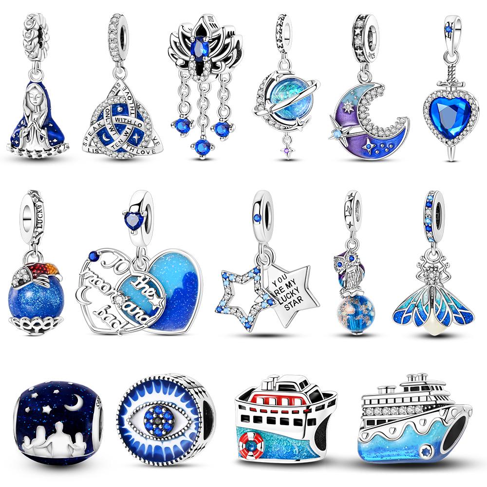 New Copper Charms Beads Blue Series Charm Pendants Fit Original Bracelets Diy Jewelry Gift For Woman
