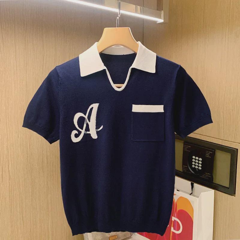 Трендовая мужская трикотажная рубашка-поло с цветными блоками и V-образным вырезом — европейский и американский стиль