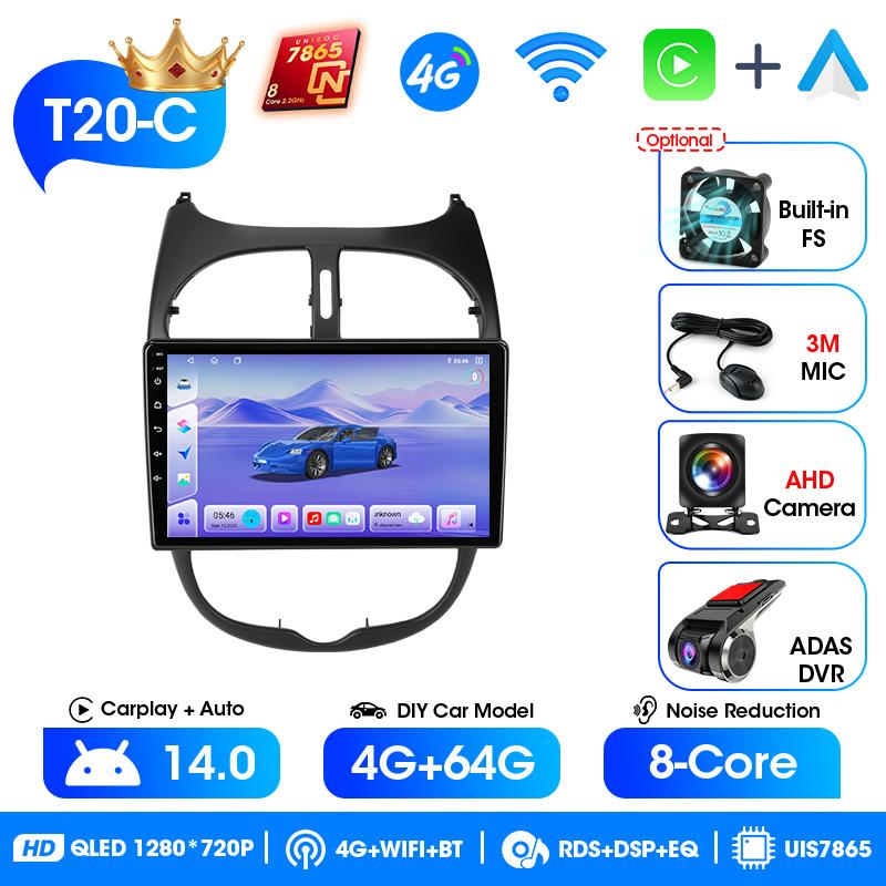 Srnubi 2Din Car Stereo Radio For Peugeot 206 206CC 206SW C2 2001-2008 Wireless Carplay Android Auto Mirror Link BT Head Unit