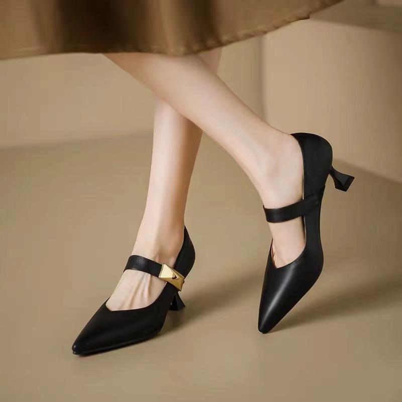 Ся новые остроносые туфли на толстом каблуке средней высоты модные одинарные туфли женские с ремешком на подъеме из мягкой кожи для работы туфли Мэри Джейн