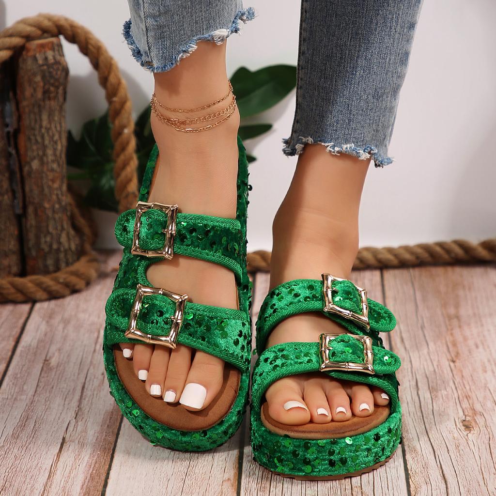 Women's Shoes 2024 Brand Plus Size Women's Slippers Fashion Sequins Modem Slippers New Belt Buckle Peep Toe Flat Slipperszapatos