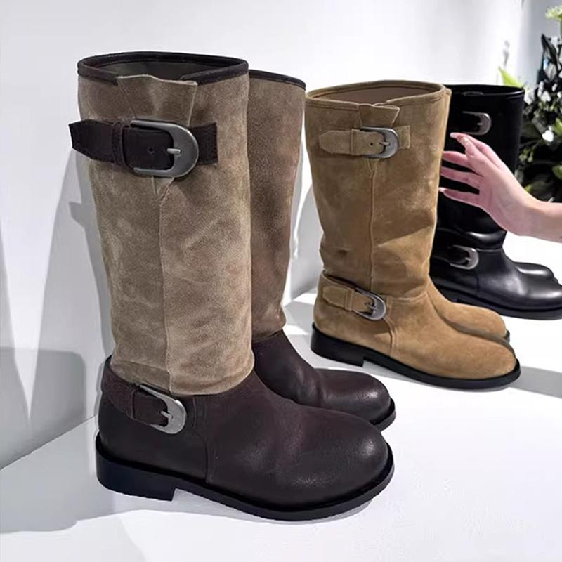 Версия из коровьей кожи! Ретро западные ковбойские сапоги женские пряжка ремня большой обхват голенища полные ММ но колено толстый каблук тонкие рыцарские сапоги