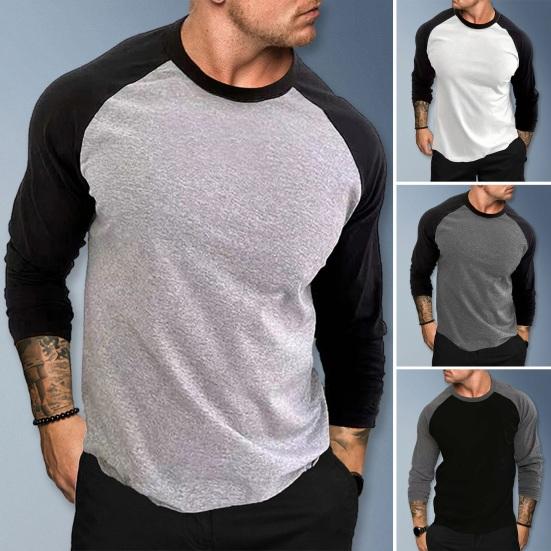 Spring Autumn Men Casual T-shirt O-neck Raglan Sleeve Color Matching Slim Fit Fitness Gym Pullover Tops Streetwear