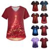 Women's V-neck Christmas Print Short-sleeved Pocket Side Slit Uniform Top