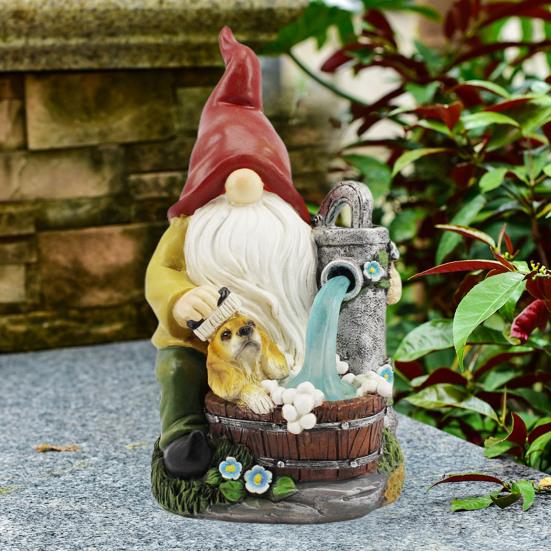 Solar Pumping Gnome Figurine with Light Washing Dog Dwarf Elf Resin Statue Sculpture Outdoor Garden Porch Yard Lawn Decoration Ornament