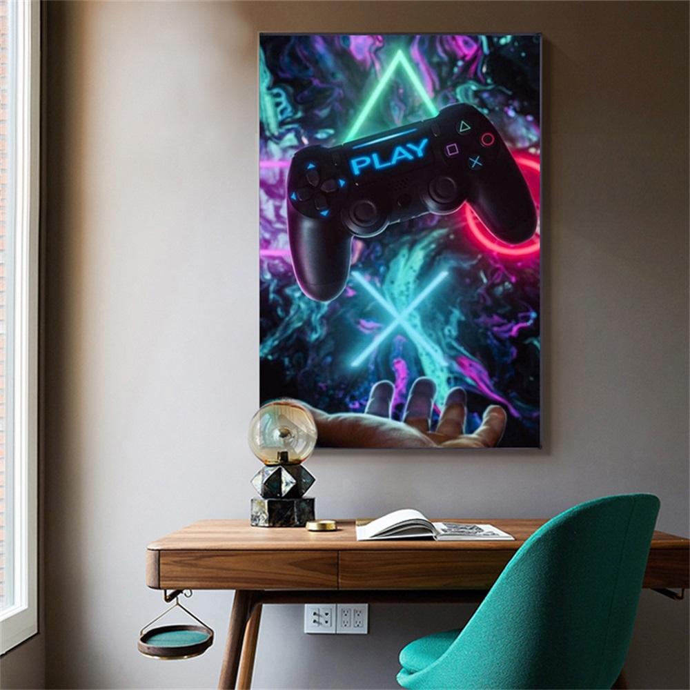 Рамка из цельного дерева, светодиодная игровая ручка, холст, картины, скандинавский геймер, абстрактные постеры и принты, настенная художественная картина для гостиной, комнаты подростка, украшение дома