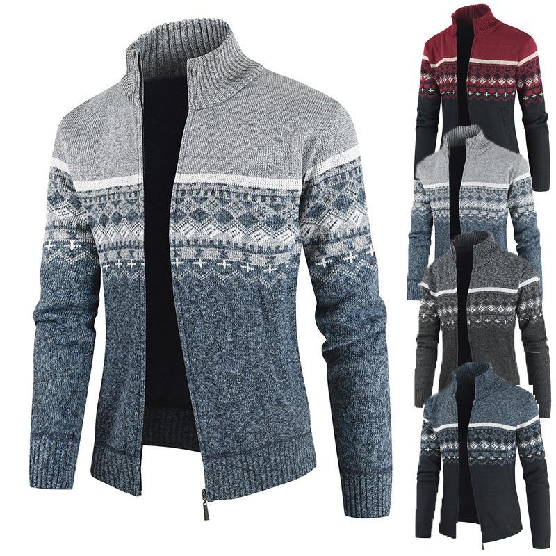 Autumn and Winter New Sweater Men's Stand-up Collar Color Matching Knitted Cardigan Casual Men's Sweater