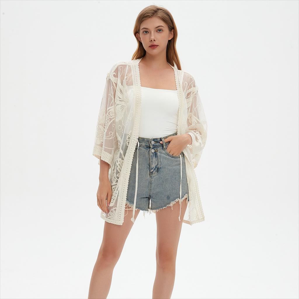 DIMANAF 2025 Лето Женщины Летучая мышь Пляжный кардиган V-образный вырез Футболка Базовый кружевной Новые модные топы кружевные футболки Повседневные свободные футболки