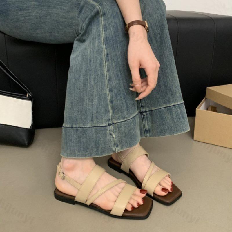 Модные сандалии в римском стиле, ретро, с открытым носком, повседневные, на плоской подошве, для женщин, лето 2025, удобные, универсальные, с ремешком сзади, модные, пляжные, крутые туфли