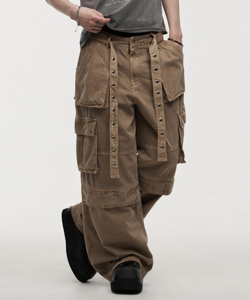 LANARCHIVE [0124] Eyelet Belt Cargo Pants - Beige