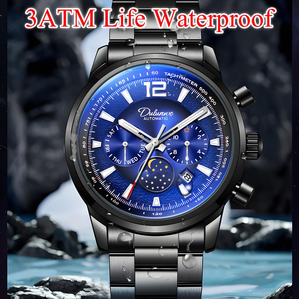 Creative Meteorite Dial Mechanical Watch Moon Phase Window Week Month Calendar Display Men's Waterproof Luminous Mechanical Watch