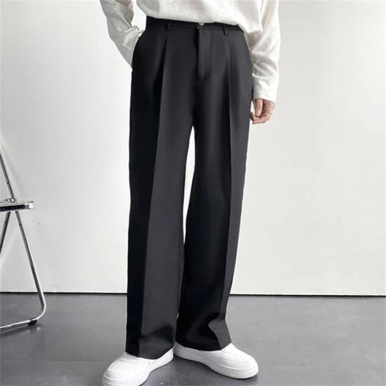 Men Suit Pants High Waist Button Zipper Fly Straight Wide Leg Long Pants with Pockets Solid Color Casual Trousers Daily Wear