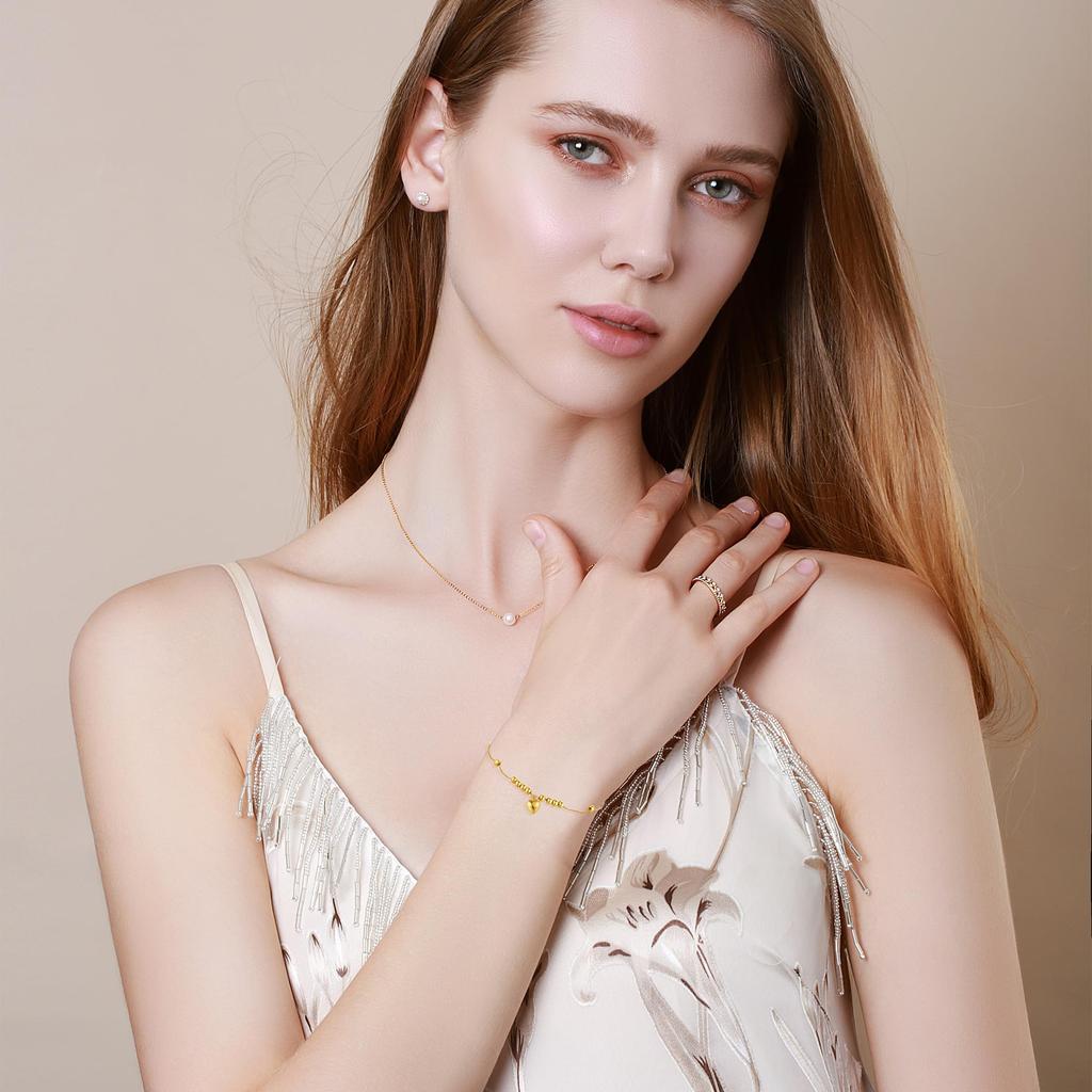 FANCIME K18 Yellow Gold Bracelet for Women Heart Pendant Ball 18K Gold Dangling Pendant Lucky Charm Christmas Birthday Anniversary Present Gift
