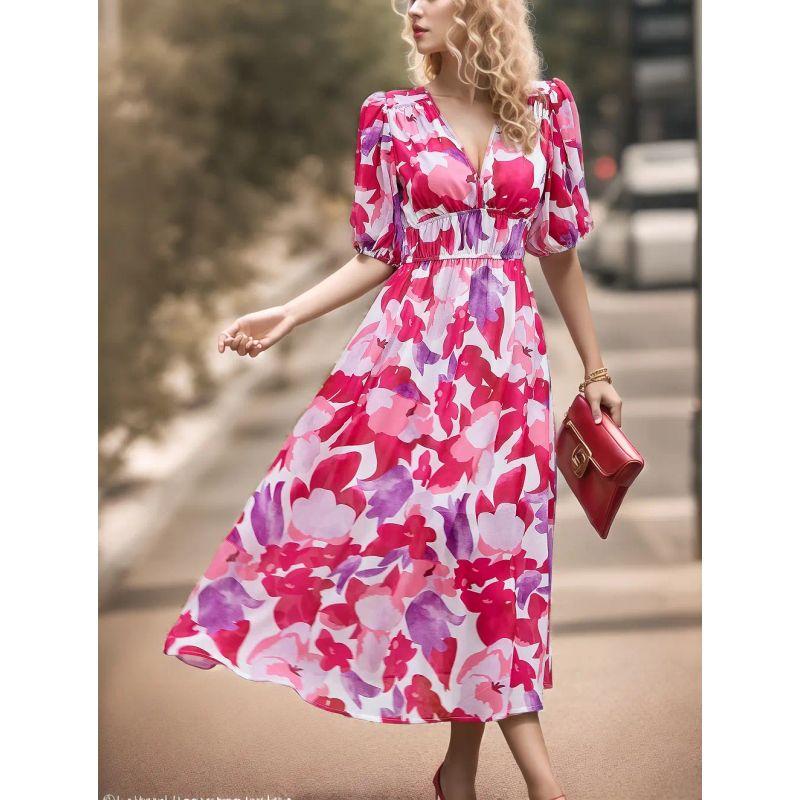 Summer 2025 European and American Dress Temperament Waist Hugging V-neck Print Long Dress V-Neck Printed Long Skirt