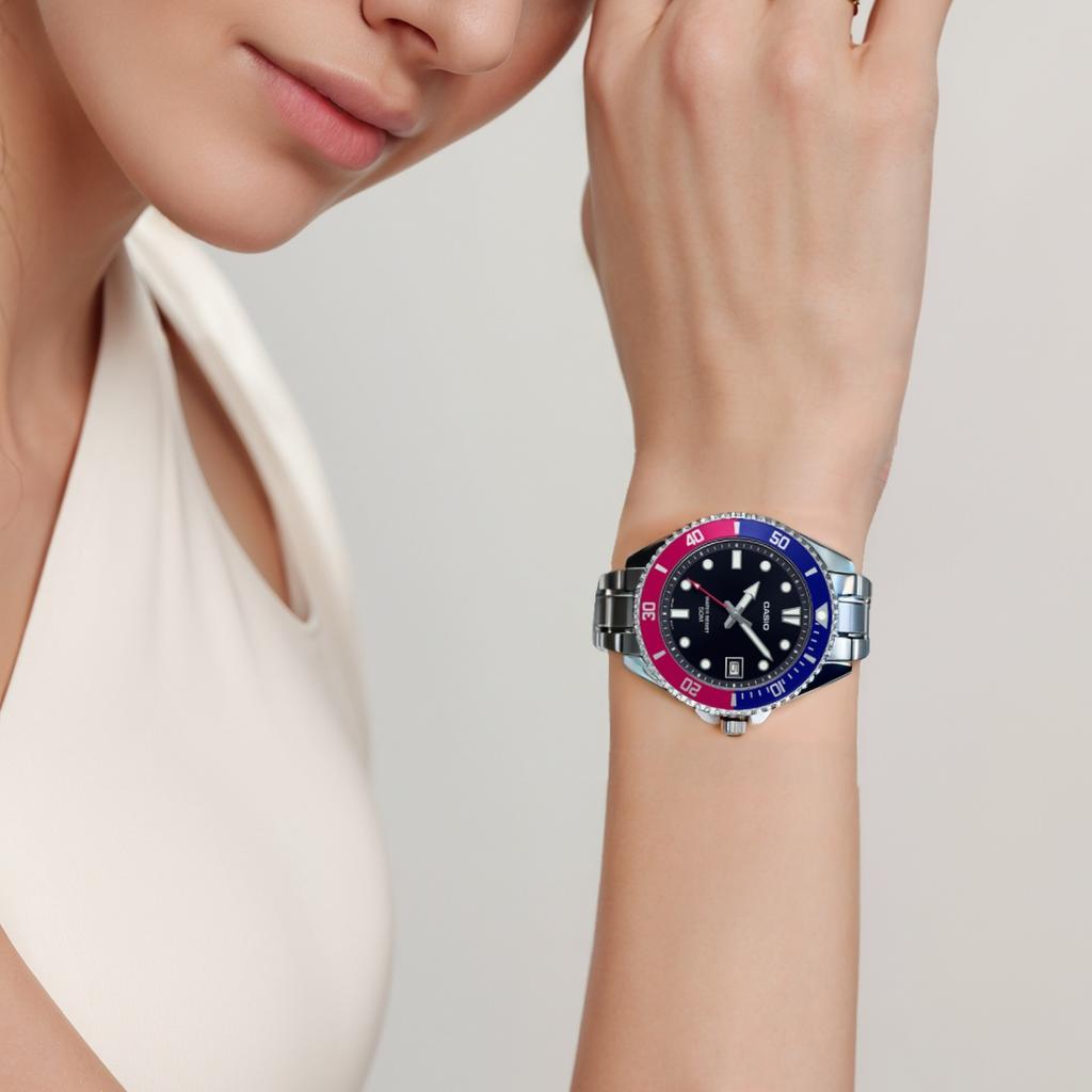 Casio MDV 10D 50м Водонепроницаемые Кварцевые Часы Стальной Браслет Женские Часы Черный Циферблат MDV-10D-1A3V