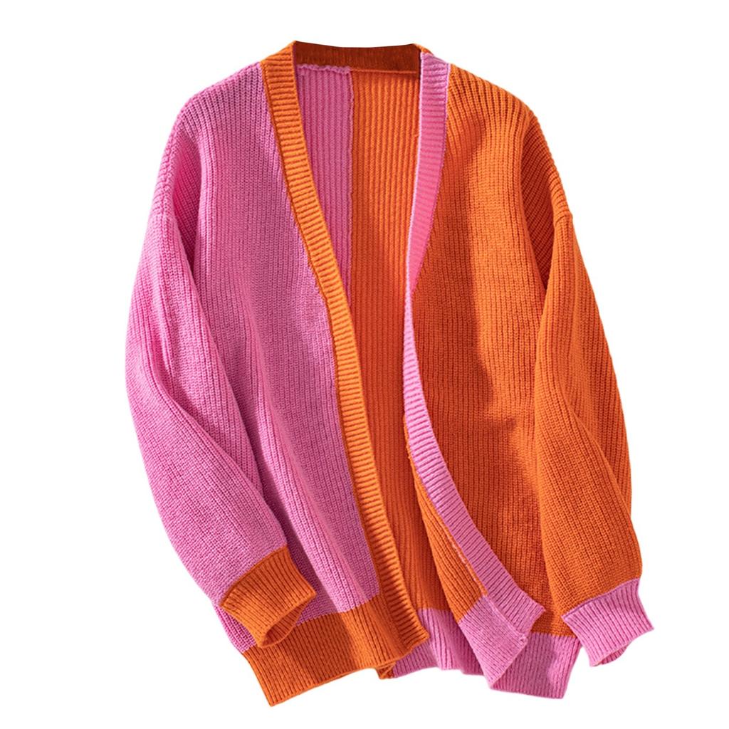 Women's Color Block Sweater Casual Loose Long Sleeved Knitted Cardigan Jacket