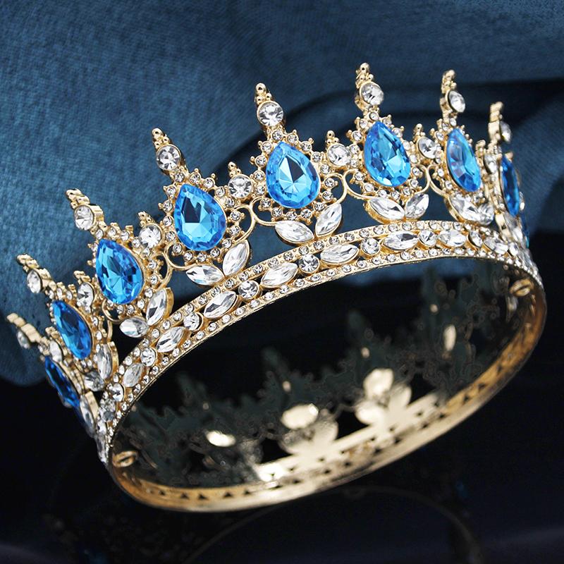 Baroque Round Crown for Bridal Wedding Royal Queen King Tiara Birthday Party Performance Head Accessories Diadem Jewelry