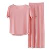 2Pcs/Set Women Pajamas Seamless Ice Silk Round Neck Short Sleeve Solid Color Elastic Waist Wide Leg Loose Soft Breathable Homewear Top Pants Set