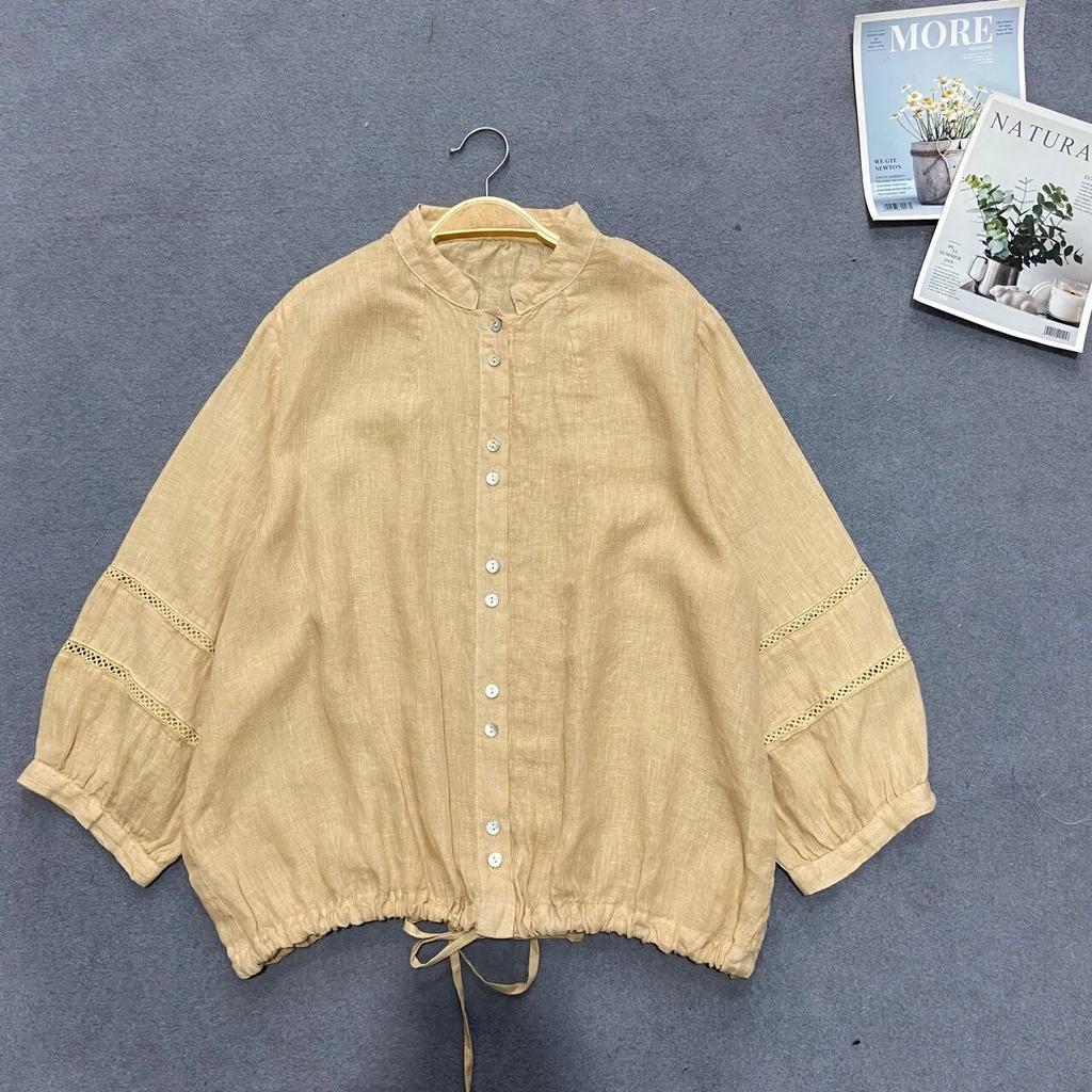 Johnature Spring Autumn Women Japanese Vintage Short Shirts Casual Stand Collar Loose All Match Female Tops