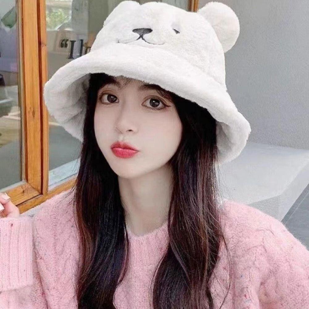 Fashion Cute Bear Ears Fur Bucket Hat Thick Soft Women's Fisherman Hat Warm Basin Hat Autumn Winter