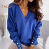 Women Tops V-Neck Long Sleeve Metal Button Cuffs Knitting Tops Solid Color Commuting Style Loose Fit Knitwear