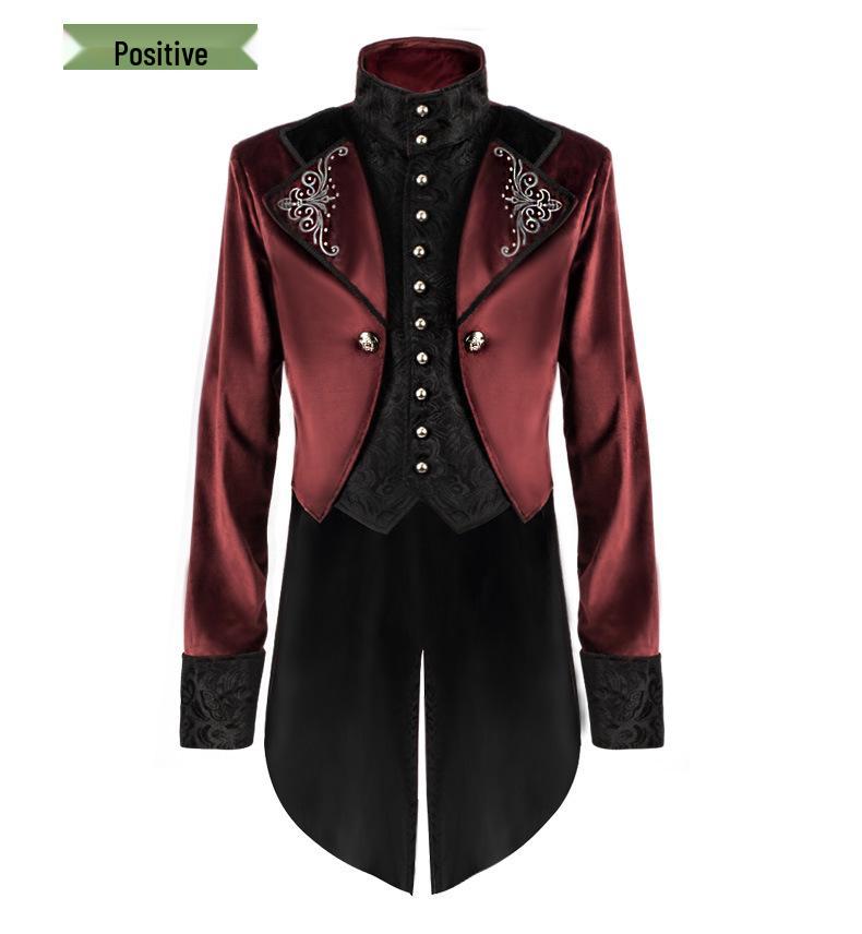 Мужское бордовое пальто средней длины в стиле ретро-панк со стойкой (Издание 2025 г.)