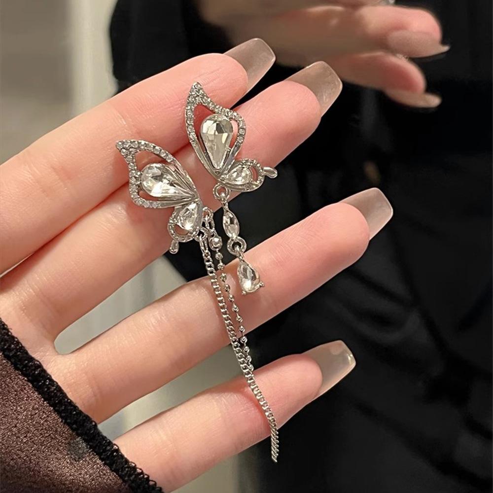 Silver Needle Diamond Asymmetrical Butterfly Tassel Earrings Korean Niche Temperament Earrings Exquisite Design Earrings Women