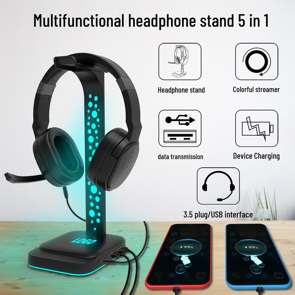 USB RGB Gaming Headset Stand with 3.5mm Jack and Multi-function Display