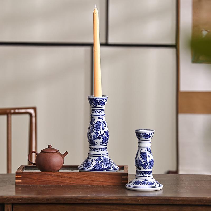 Blue and White Porcelain Candlestick - Ceramic Home Decor for Living Room and Entrance Hall