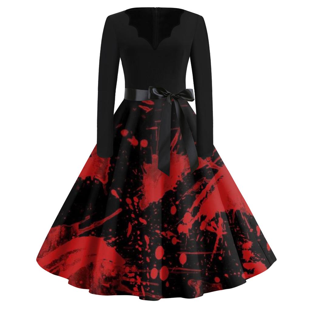 Women's Fashion V-Neck Casual Slim Halloween Printed Long Sleeve Dresses