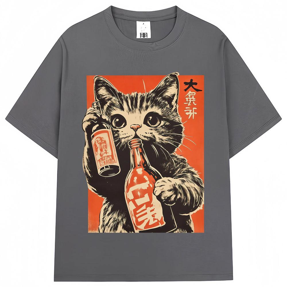 Japanese Style Cat Drinking Graphic T Shirt Vintage Fashion Kawaii Unisex Unisex Tshirt Oversized Cotton Casual T Shirts Streetwear
