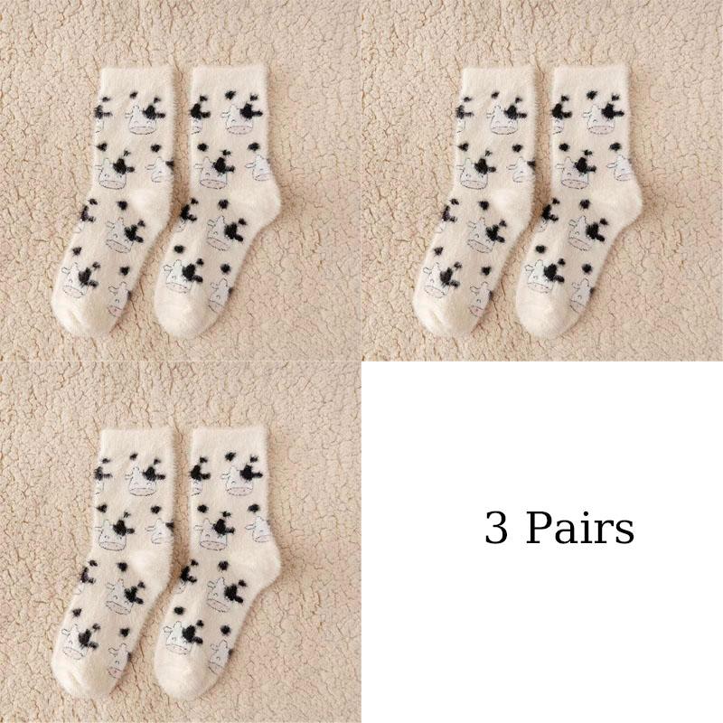 3 Pairs Cute Cow Spots Print Sock Thickened Warm Coral Fleece Women's Socks