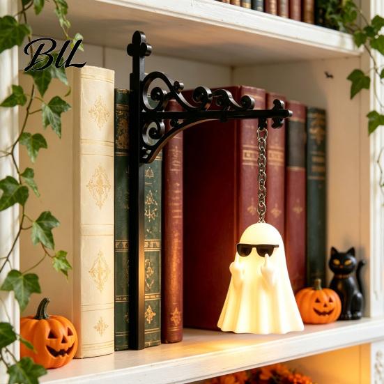 Halloween Party Decoration Library Lantern Bookshelf Lamp, Vintage Metal LED Nightlight for Book Nook Decor, Desktop Decorative Ornament Ghost Reading