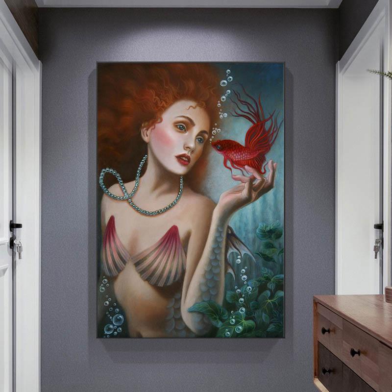 Abstract Long Hair Mermaid Canvas Painting Mermail Posters and Prints Wall Art Pictures For Living Room Home Decor No Frame