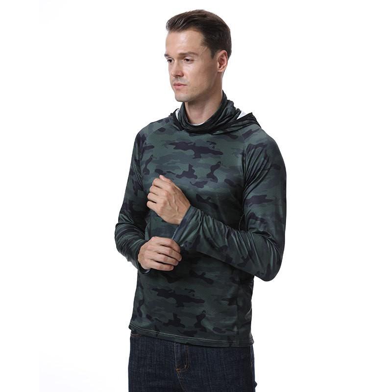 Mens UPF Sun Protection Hooded Fishing Shirt Quick Dry Breathable Outdoor Long Sleeve Top Hiking Camping