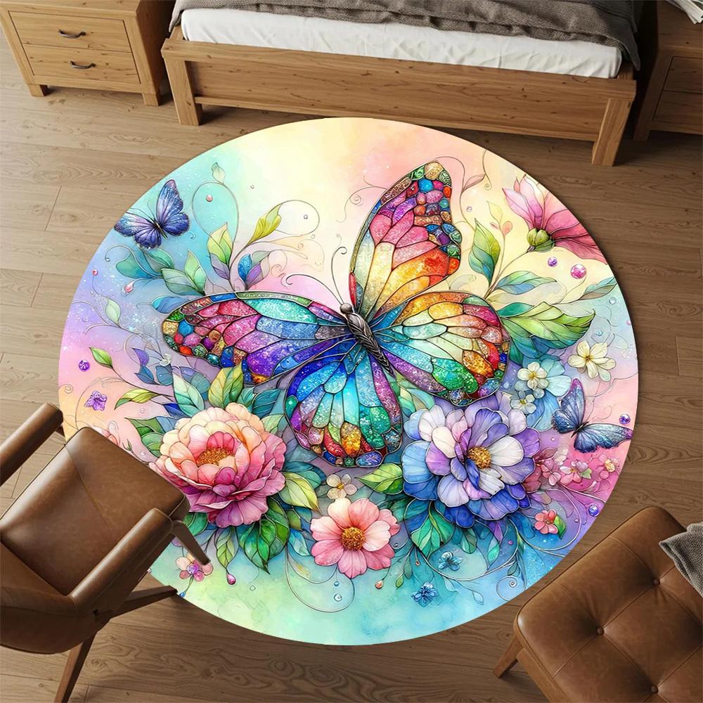 1pc Butterfly Flowers Round Chair mat office Area Rug - Non-Slip, Floor Mat for Office, Bedroom, Ideal home decor gift c0112001