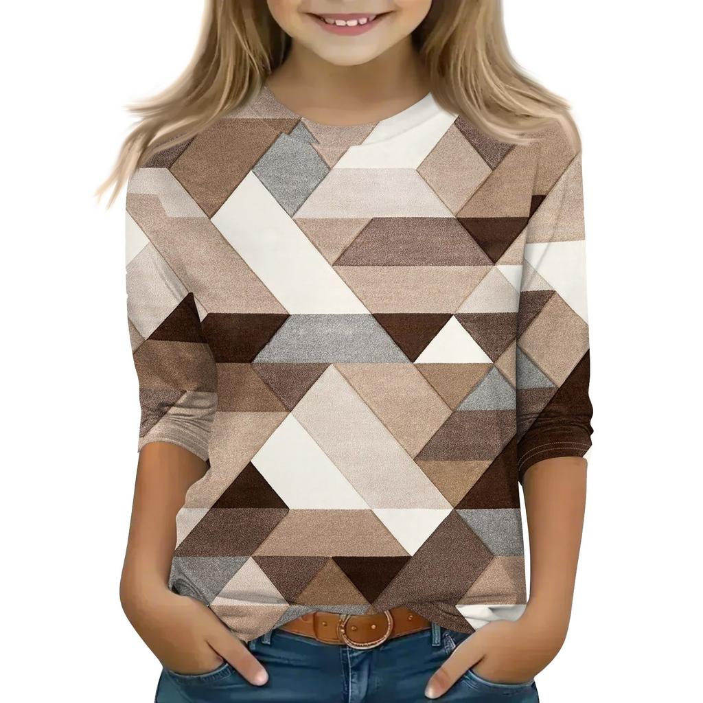Print Tops For Youth Girls 5-16 Years Round Neck 3/4 Sleeves T-Shirts Trendy Tops Outfit Tees
