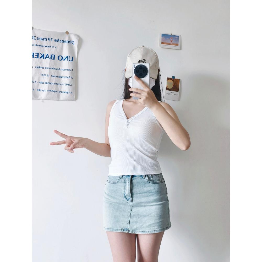 Ribbed Button V-Neck Camisole,New Arrival Women Slim Fit Cotton Basic Sleeveless Layering Tank Top
