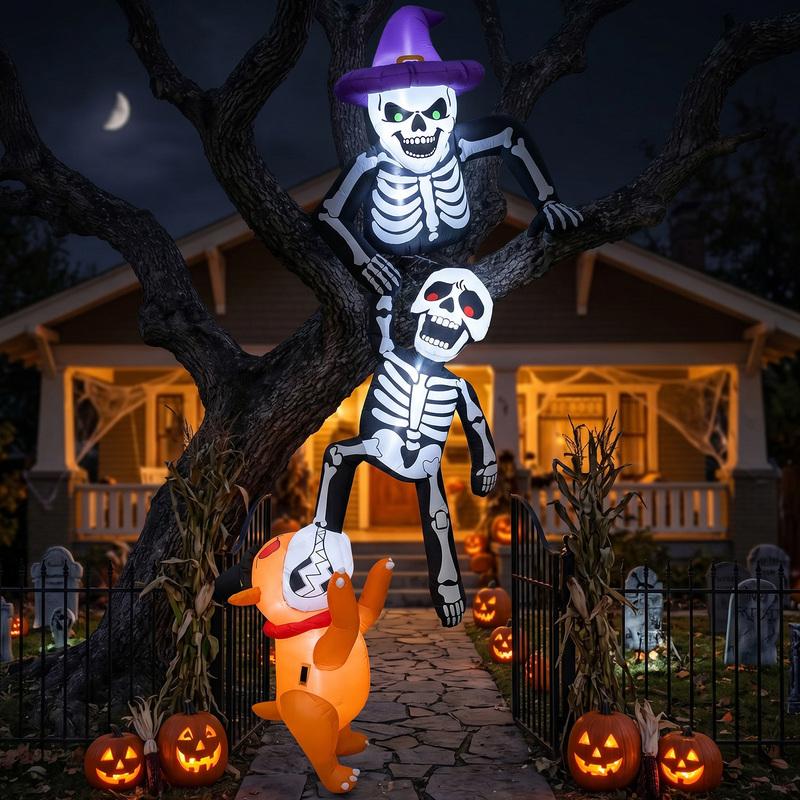 8FT Inflatable Halloween Decorations, Featuring a Dog Biting a Climbing Skeleton, Suitable for Patios, Rooftops, and Parties
