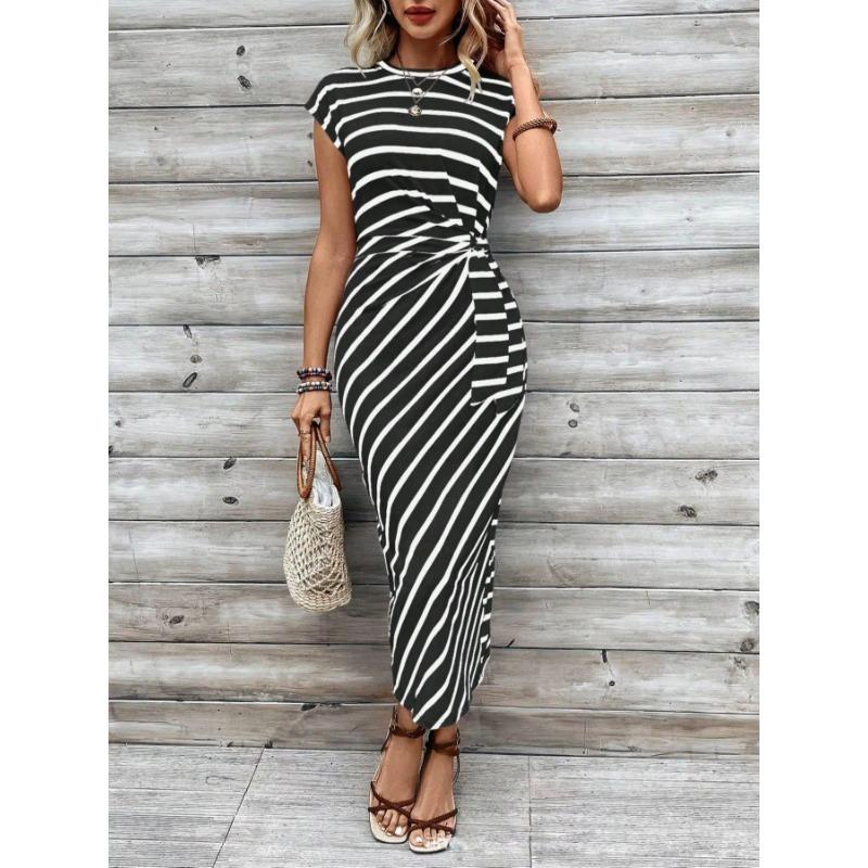 Женские летние темпераментные элегантные платья с завязками на талии в полоску с круглым вырезом и короткими рукавами